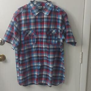 MECCA Plaid Button Down Shirt  L Red/White/Blue Academia Classic Preppy Nautical